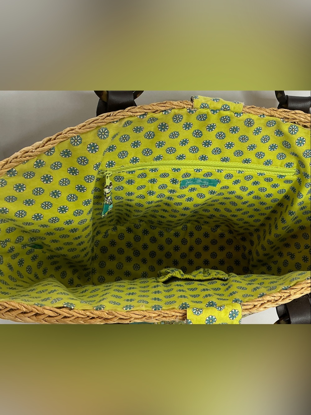 Vera Bradley Straw Tote with Teal and Green Paisley Panels - Picture 6 of 10